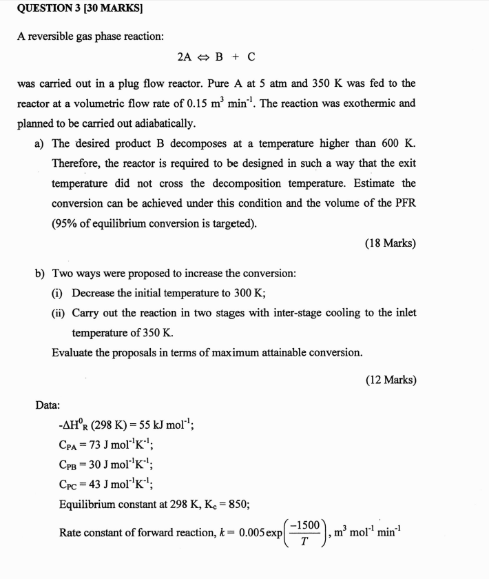 Solved QUESTION 3 [30 MARKS] A reversible gas phase | Chegg.com