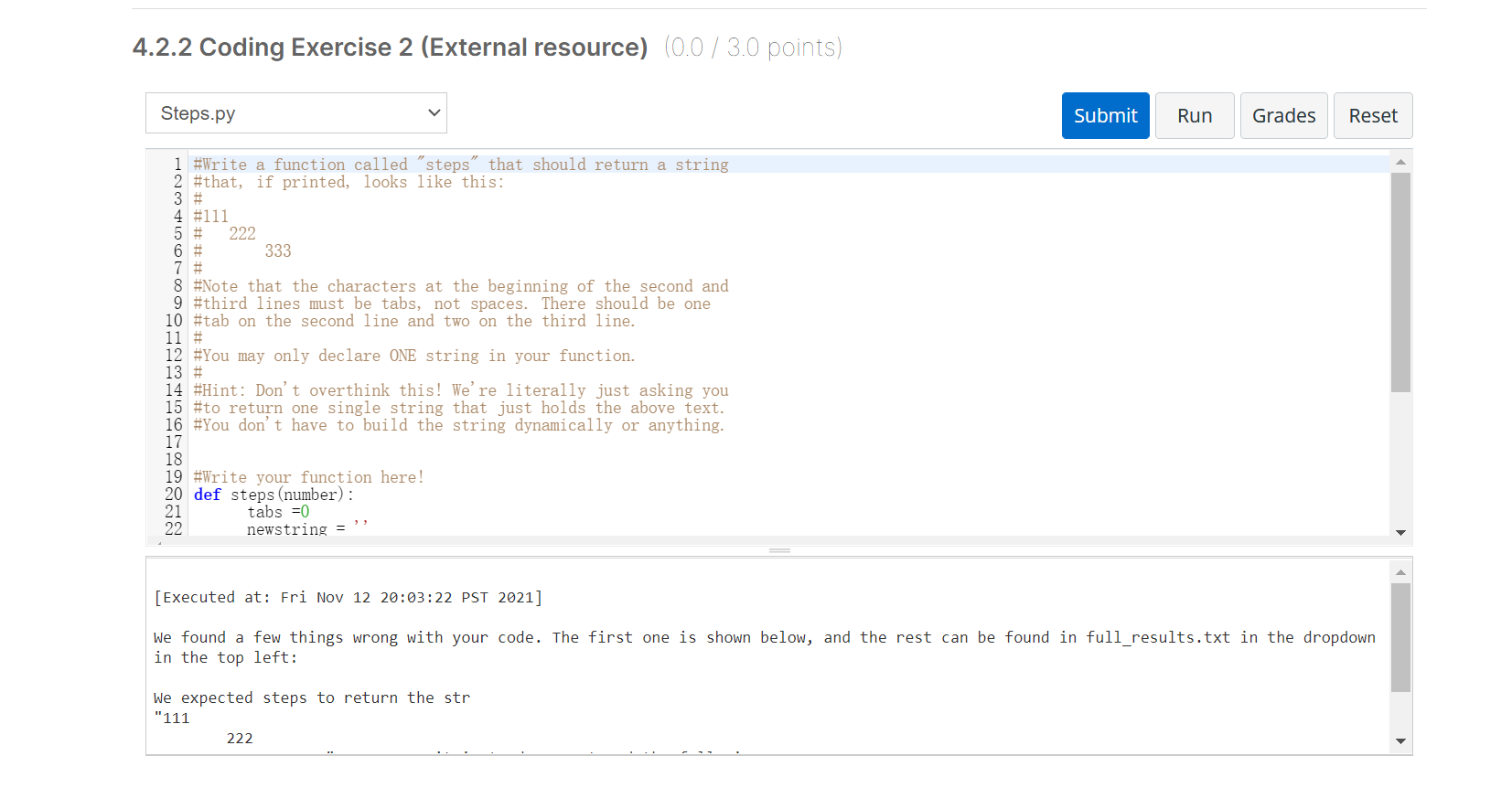 Solved 4.2.2 Coding Exercise 2 (External resource) (0.0 / | Chegg.com
