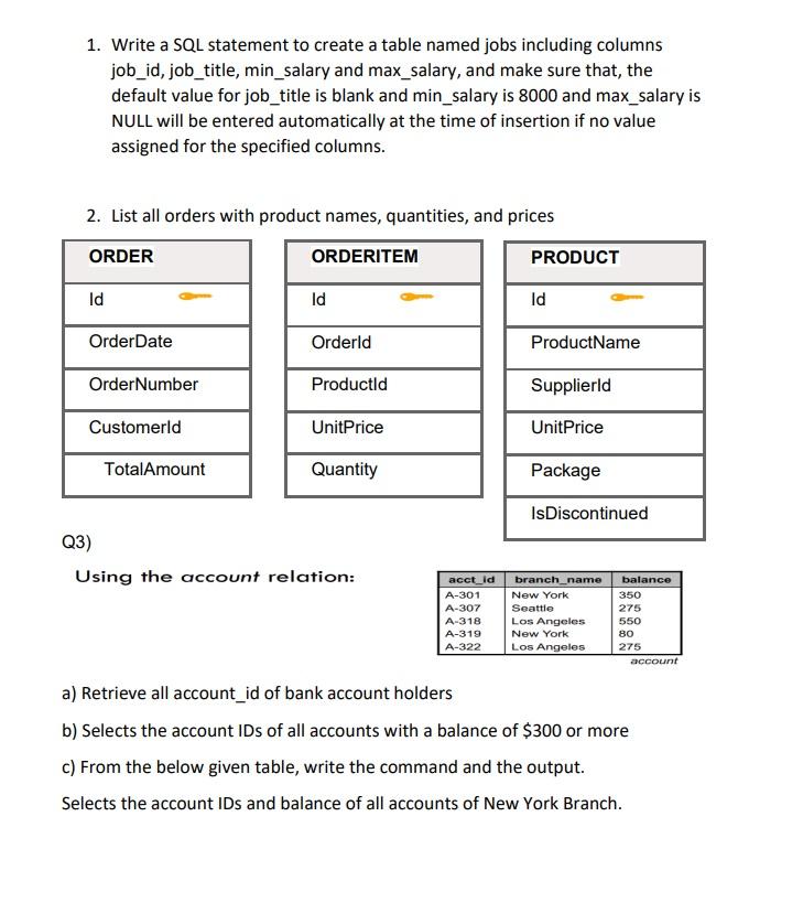 Solved 1. Write a SQL statement to create a table named jobs | Chegg.com
