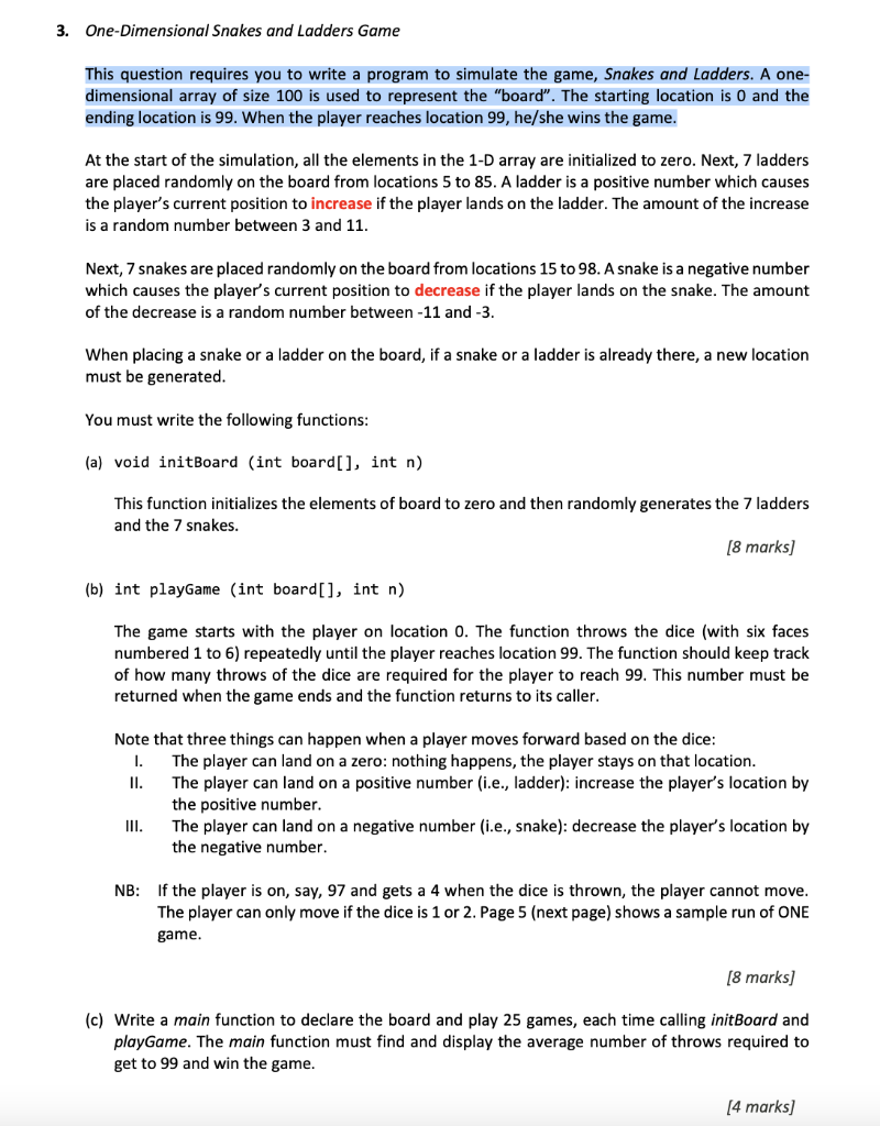 Solved One-Dimensional Snakes and Ladders Game This question | Chegg.com