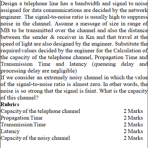 Design a telephone line has a bandwidth and signal to