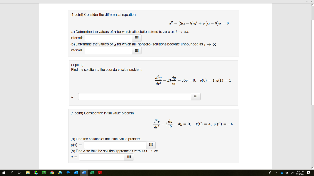 Solved (1 point) Consider the differential equation y" - (20 | Chegg.com