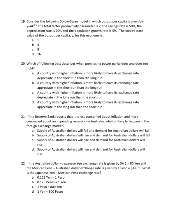 Solved 19. Consider the following Solow-Swan model in which | Chegg.com