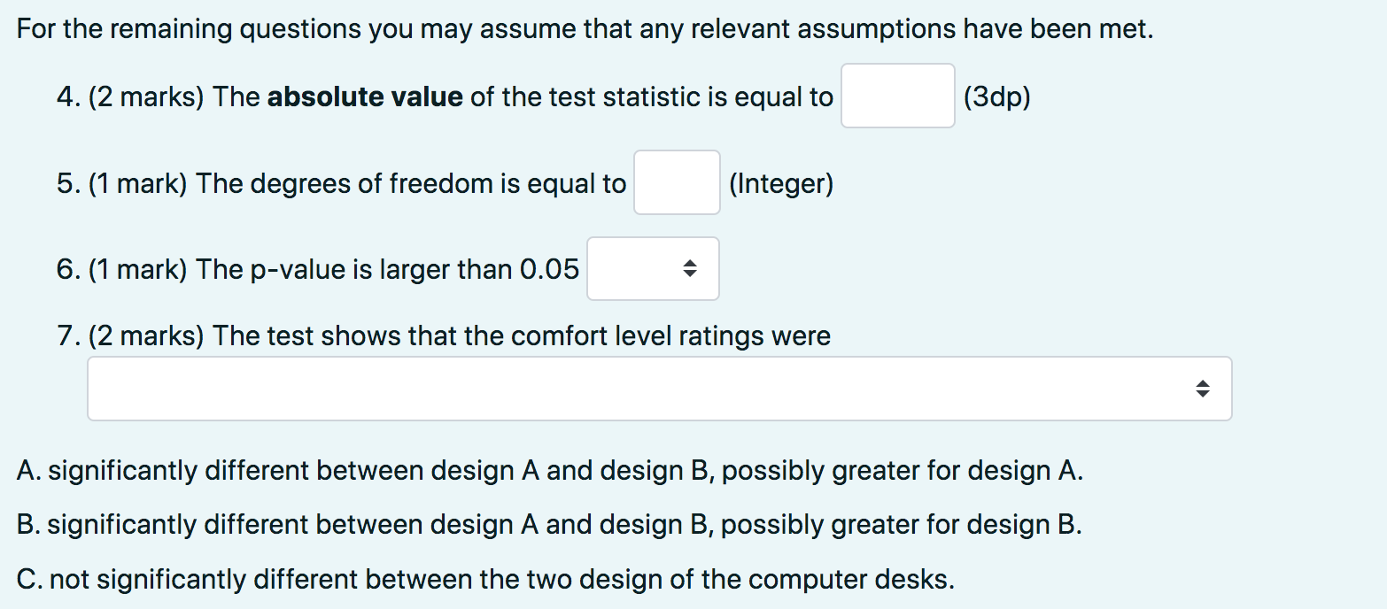 For the remaining questions you may assume that any relevant assumptions have been met.
4. (2 marks) The absolute value of th