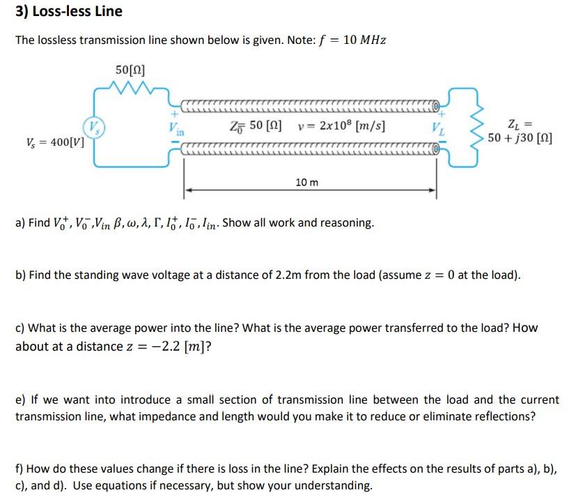 Solved The Lossless Transmission Line Shown Below Is Given. | Chegg.com