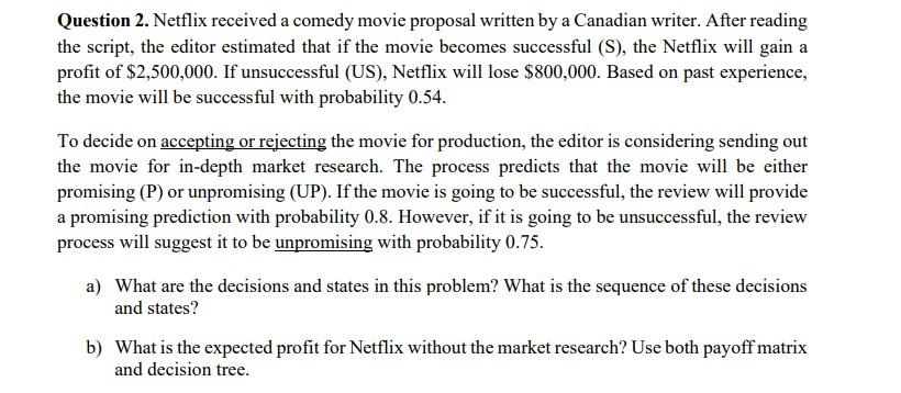 Solved Question 2. Netflix received a comedy movie proposal | Chegg.com