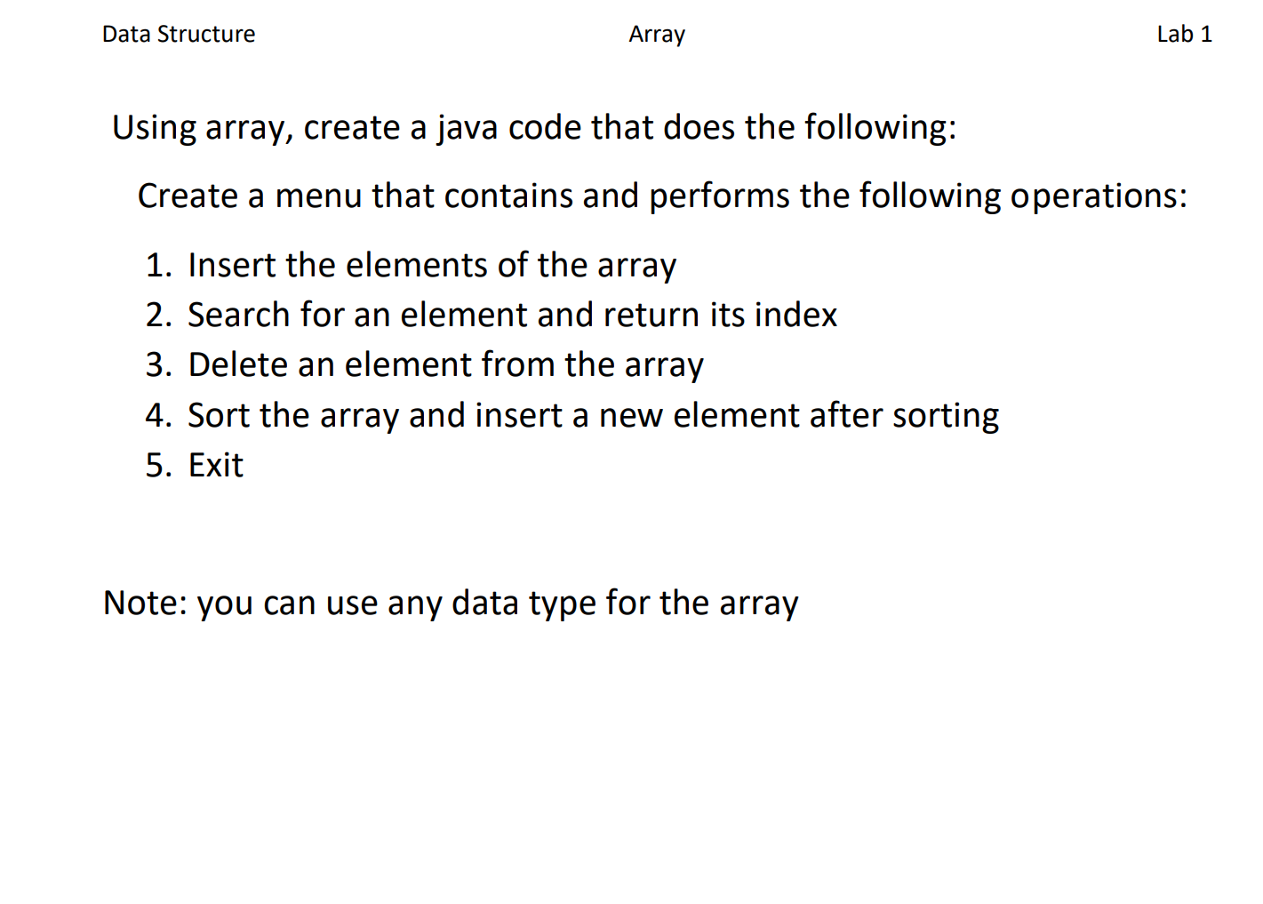 Solved Data Structure Array Lab 1 Using Array Create A Java Chegg