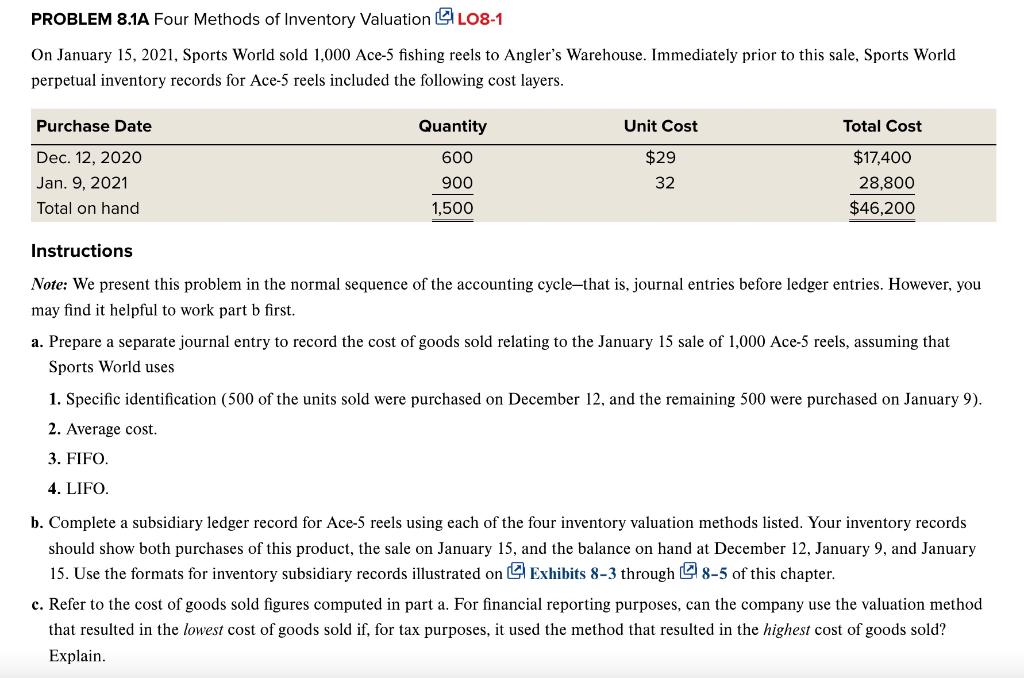 Solved PROBLEM 8.1A Four Methods of Inventory Valuation 시 | Chegg.com