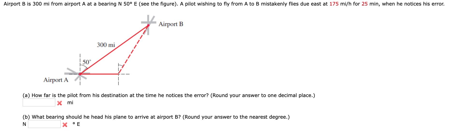 Solved Airport B is 300 mi from airport A at a bearing N 50°