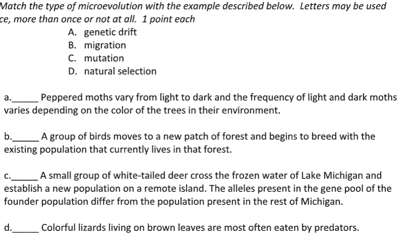 Solved Match the type of microevolution with the example | Chegg.com