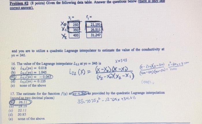 Solved Problem #2: (8 points) Given the following data | Chegg.com