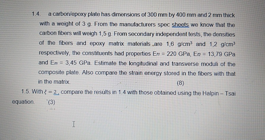 Solved 1.4. a carbon/epoxy plate has dimensions of 300 mm by | Chegg.com