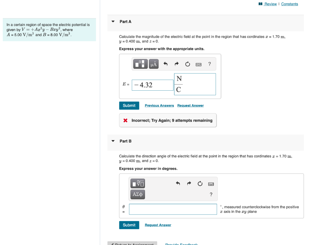 Solved In a certain region of space the electric potential