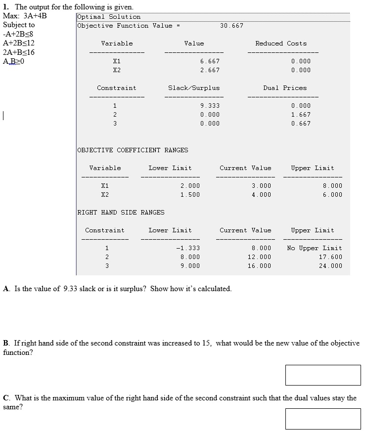 Solved The output for the following is given. Max: 3A + 4B | Chegg.com