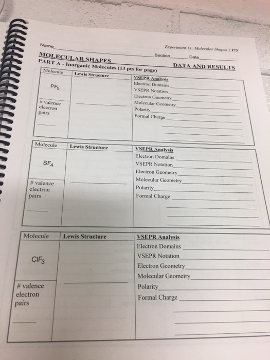 Solved Experiment 11: Molecular Shapes 1173 Section Date | Chegg.com