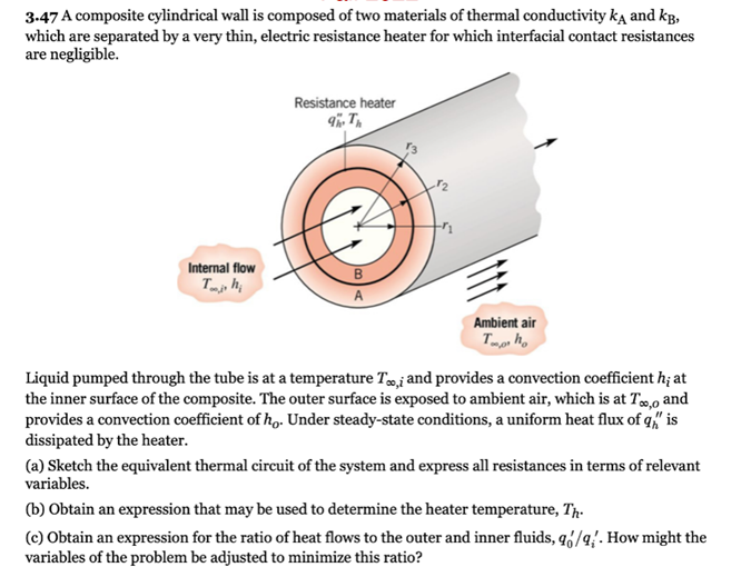 3.47 A composite cylindrical wall is composed of two materials of thermal conductivity \( k_{\mathrm{A}} \) and \( k_{\mathrm