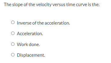 Solved The slope of the velocity versus time curve is the: | Chegg.com