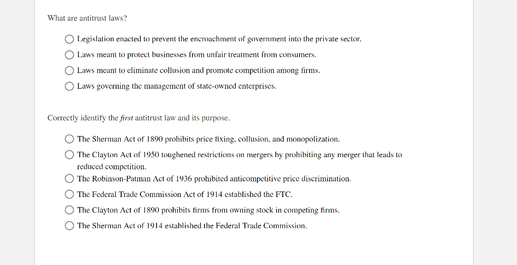 Solved What are antitrust laws? O Legislation enacted to | Chegg.com