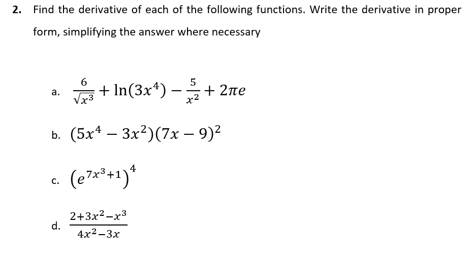 Solved 2. Find the derivative of each of the following | Chegg.com