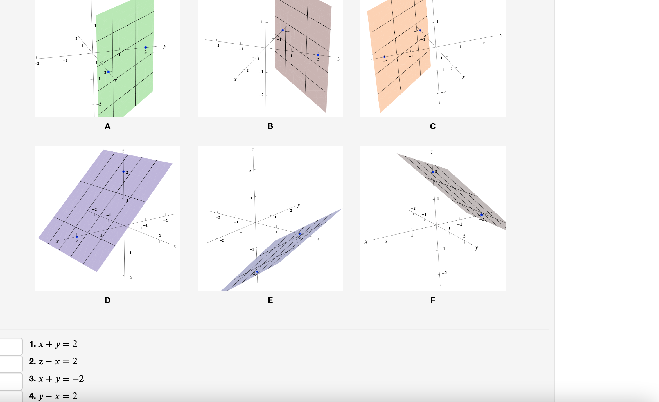 C \[ \begin{array}{l} x+y=2 \\ z-x=2 \\ x+y=-2 \\ y-x=2 \end{array} \]