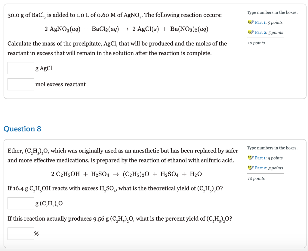 Solved Type numbers in the boxes. 30.0 g of BaCl, is added | Chegg.com