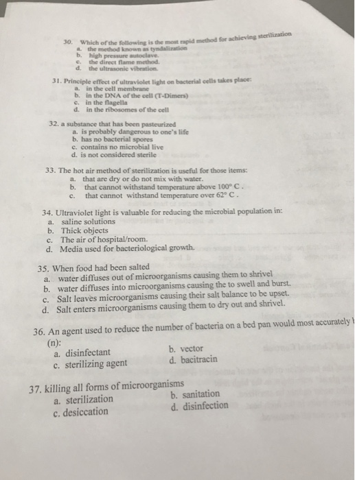 Solved Sterilization 30 Which Of The Following Is The Most 