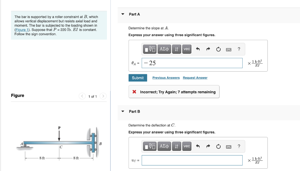 The bar is supported by a roller constraint at \( B \), which Part A allows vertical displacement but resists axial load and 