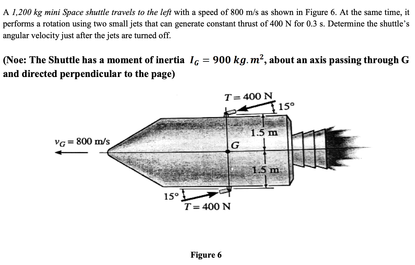 A 1,200 kg mini Space shuttle travels to the left with a speed of 800 m/s as shown in Figure 6. At the same time, it
performs