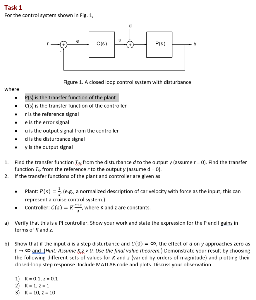 Task 1 For The Control System Shown In Fig 1 U C S Chegg Com