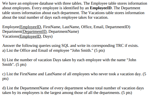 Solved We have an employee database with three tables. The | Chegg.com