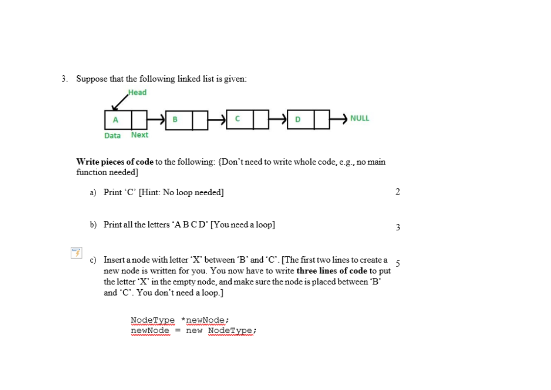 Solved 3. Suppose that the following linked list is given: | Chegg.com