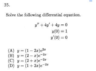 Solve the following differential equation. \[ \begin{array}{r} y^{\prime \prime}+4 y^{\prime}+4 y=0 \\ y(0)=1 \\ y^{\prime}(0