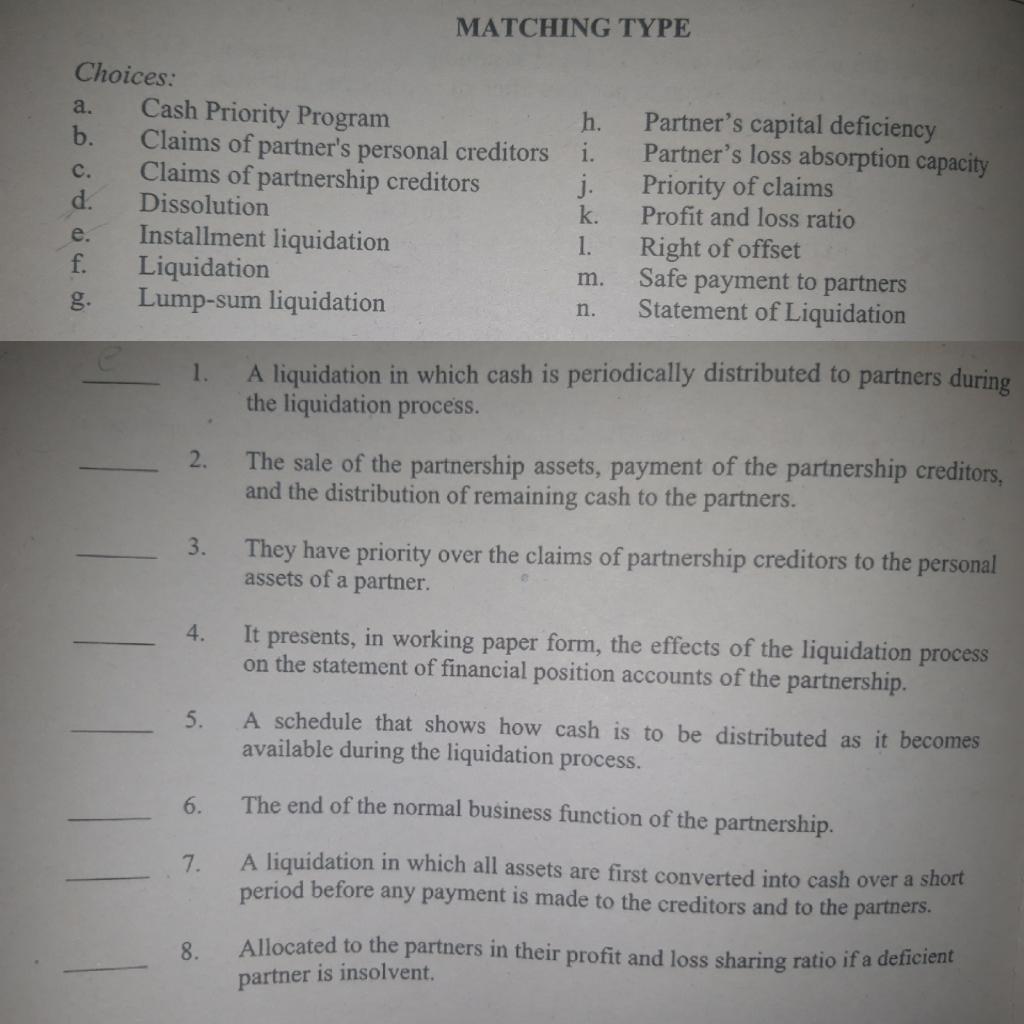 Solved MATCHING TYPE a. C. Choices: Cash Priority Program b. | Chegg.com