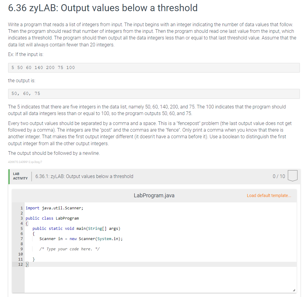 Solved 6.36 zyLAB: Output values below a threshold Write a | Chegg.com