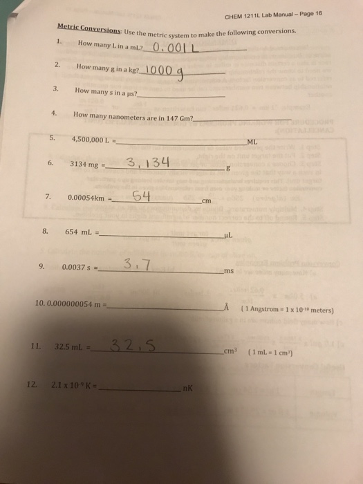 Solved CHEM 1211L Lab ManualPage 16 Metric Conversions Use