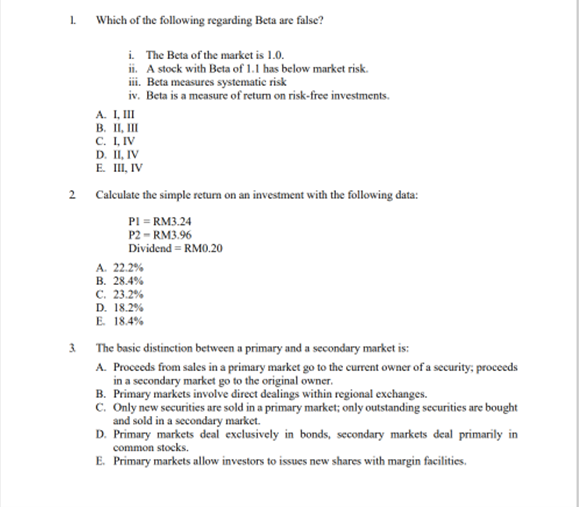 Solved 1. Which of the following regarding Beta are false? | Chegg.com