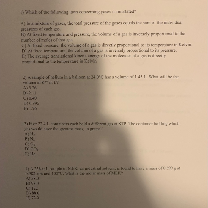 Solved 1 Which Of The Following Laws Concerning Gases Is