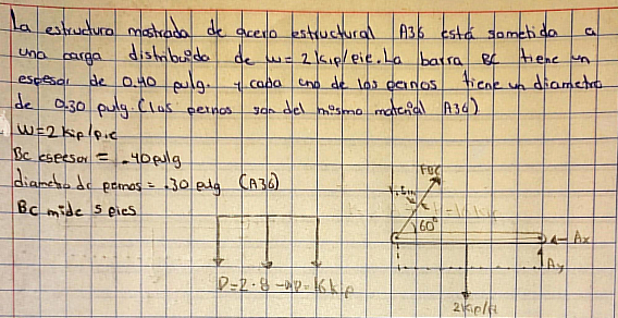 La estructura mostrada de acero estructural A3s está sometida a una carga distribuida de \( \omega=2 \mathrm{kipleie} \). La