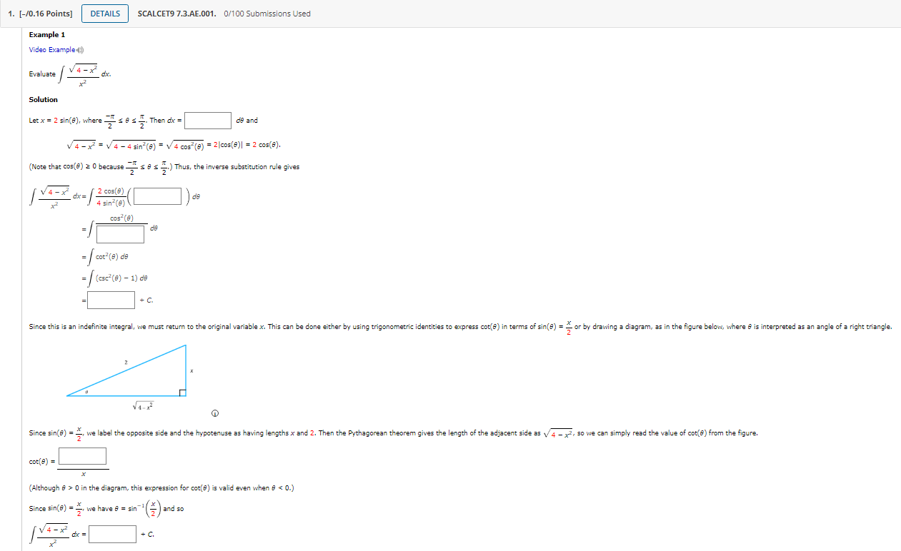 Solved Evaluate ∫x24−x2dx Solution Let x=2sin(θ), where | Chegg.com