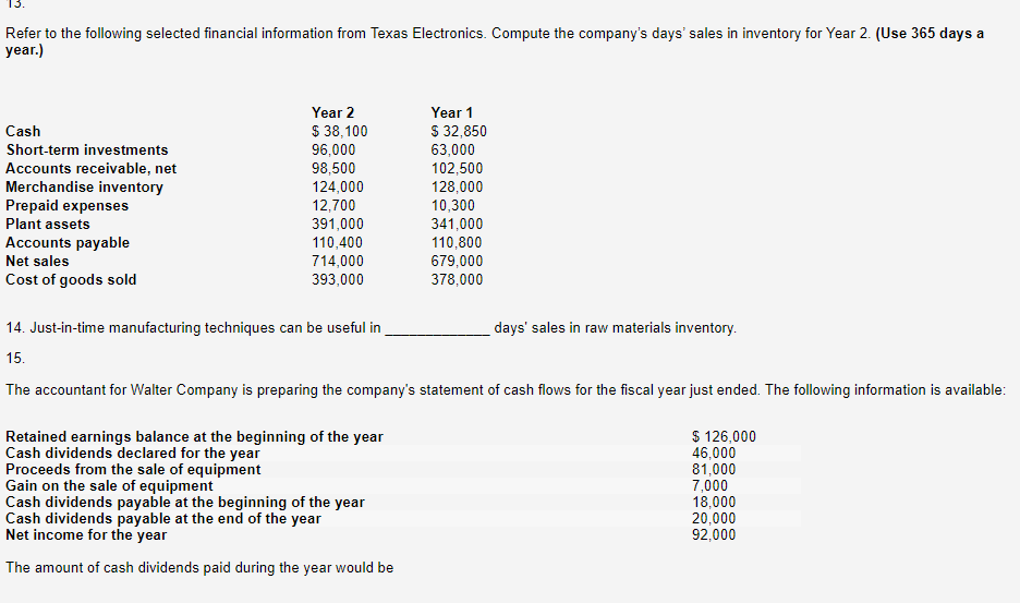 Solved Refer To The Following Selected Financial Information | Chegg.com