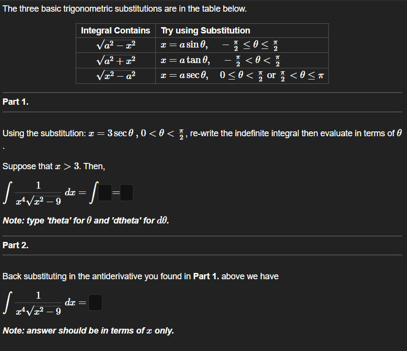 Solved The Three Basic Trigonometric Substitutions Are In | Chegg.com