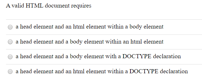 Solved A valid HTML document requires O a head element and | Chegg.com