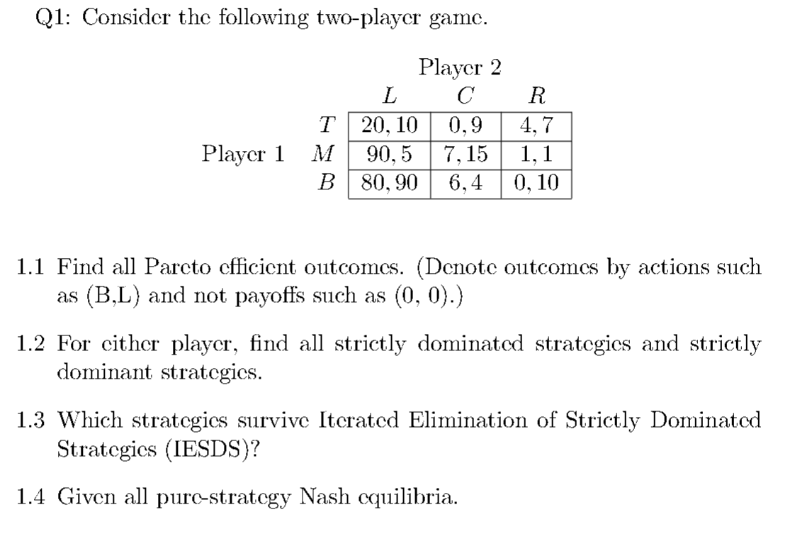 Solved Q1: Consider the following two-player game. Player 2 | Chegg.com