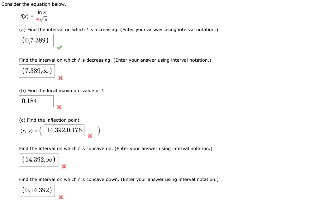 Solved Consider the equation below. f(x) = ln x 4 x (a) Find | Chegg.com