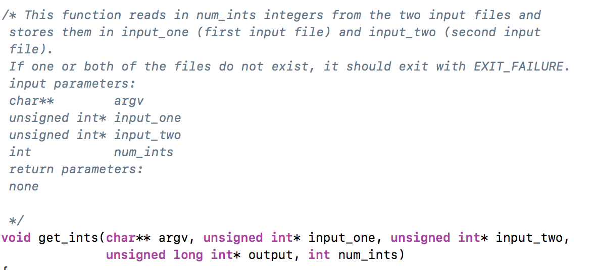 /* This function reads in num_ints integers from the two input files and stores them in input_one (first input file) and inpu
