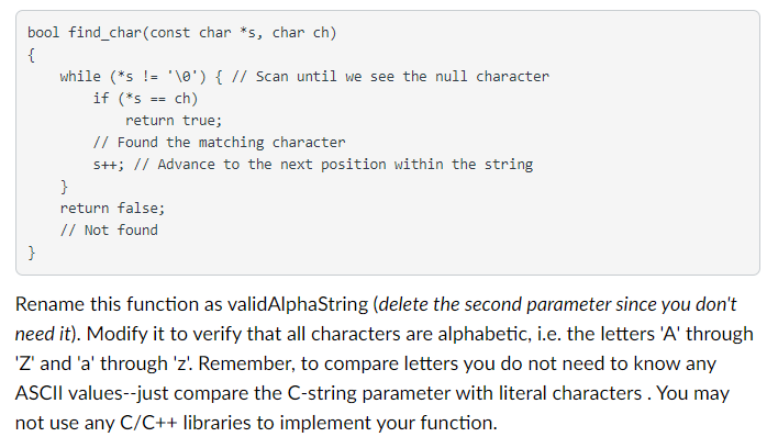 Solved == Bool Find_char(const Char *s, Char Ch) { While (*s | Chegg.com