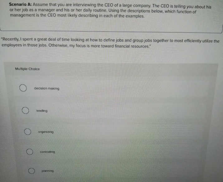Solved Scenario A: Assume that you are interviewing the CEO | Chegg.com