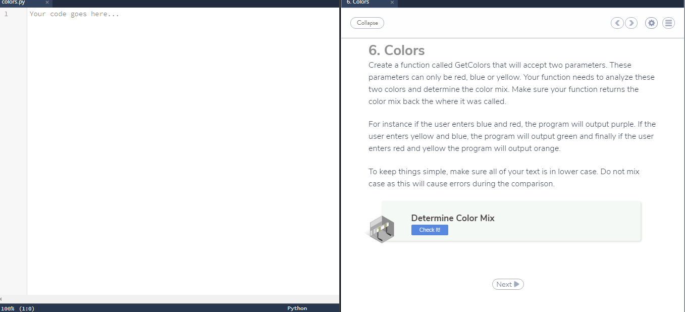 colors.py 6. Colors Your code goes here... Collapse | Chegg.com