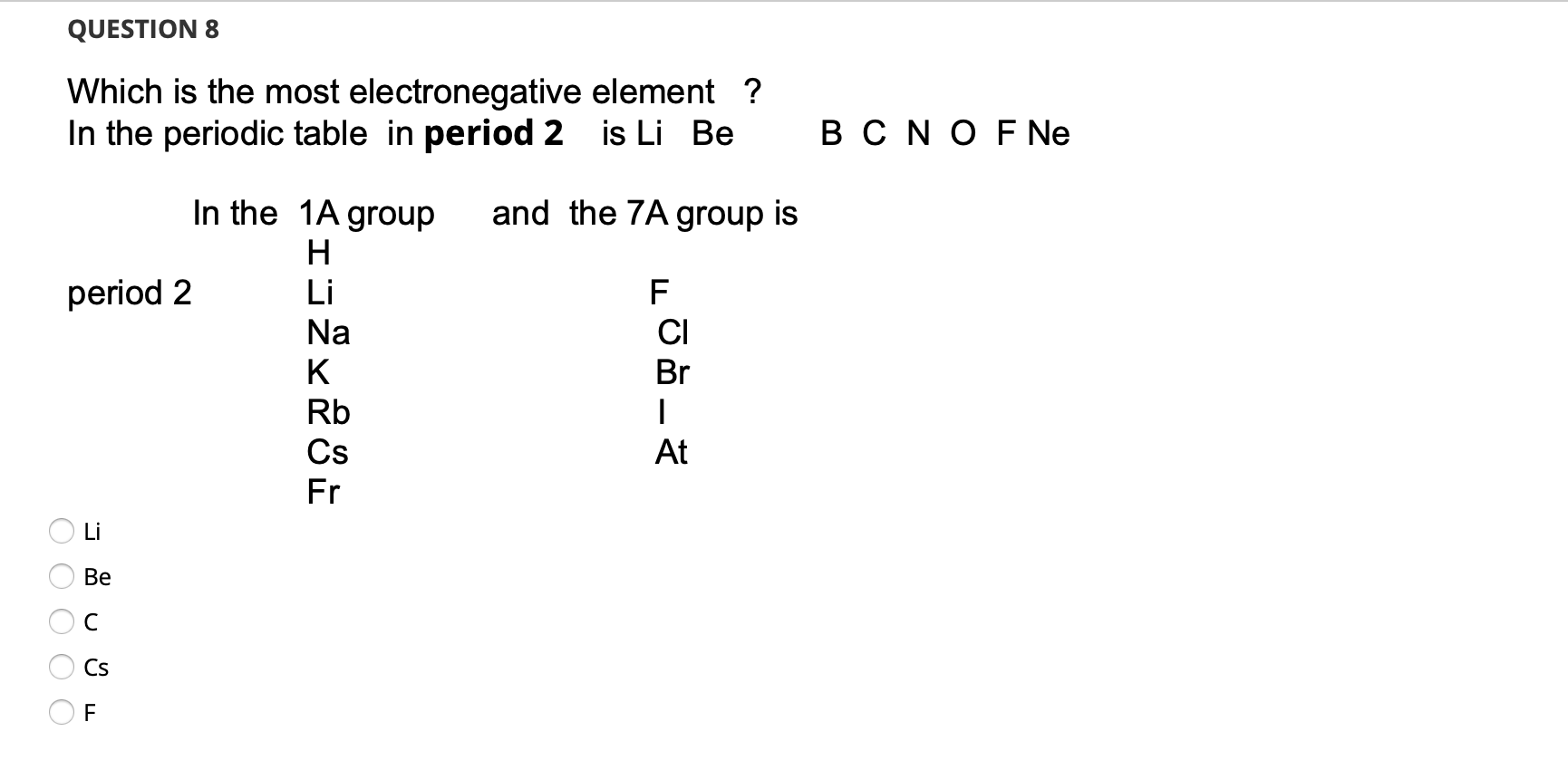 Solved QUESTION 8 Which is the most electronegative element | Chegg.com