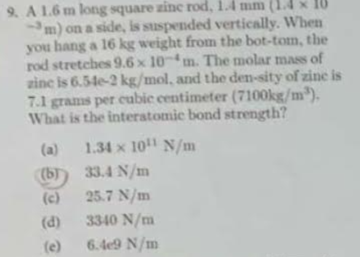 Solved a 1.6m long square zinc rod, 1.4e3m on a side, is
